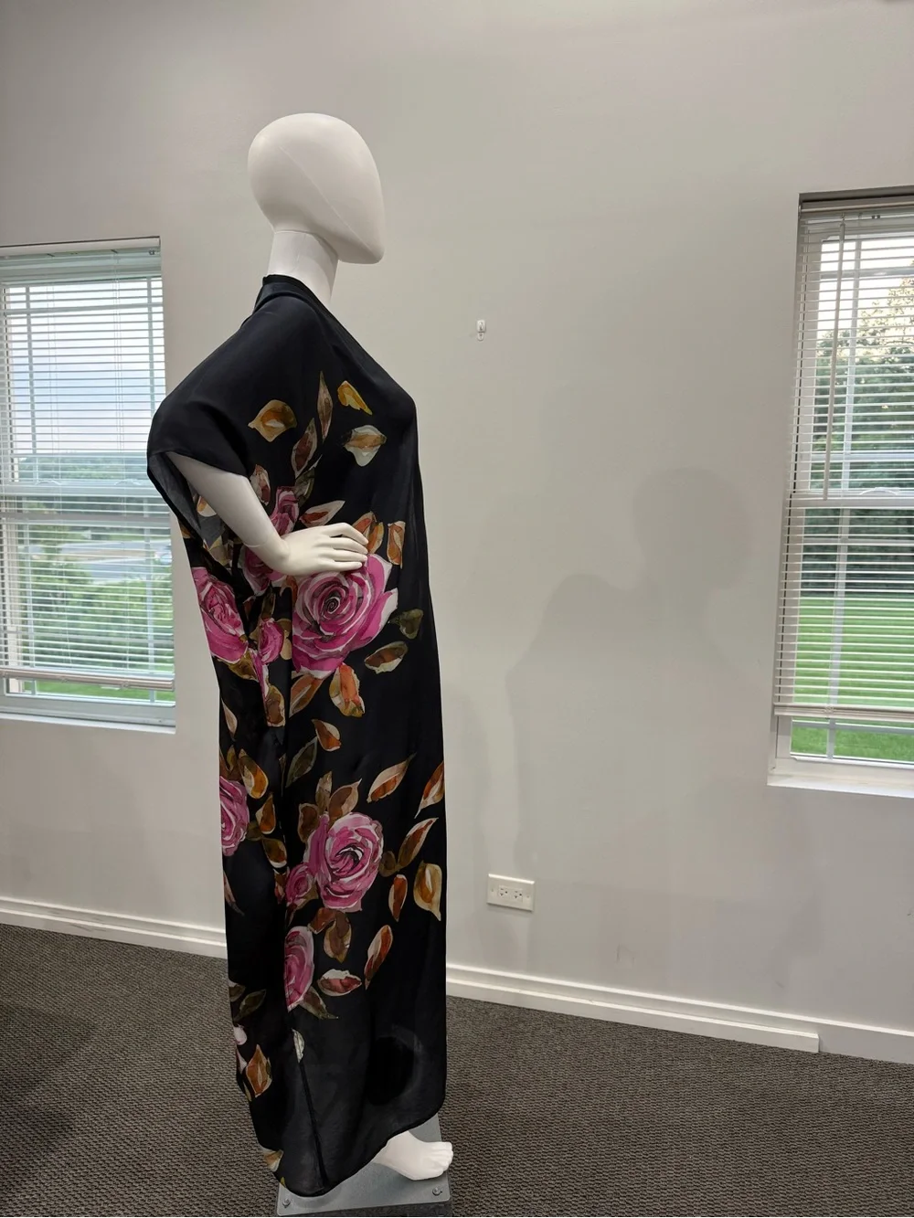 Black Floral Kimono Robe with Pink Rose Print